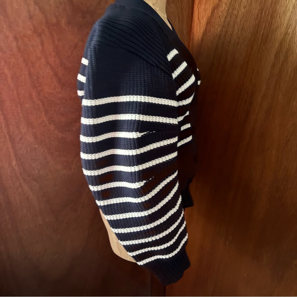 SACAI sz 1 S Thick Knit Horizontal Stripe Cardigan Sweater Navy Blue White - Picture 7 of 16